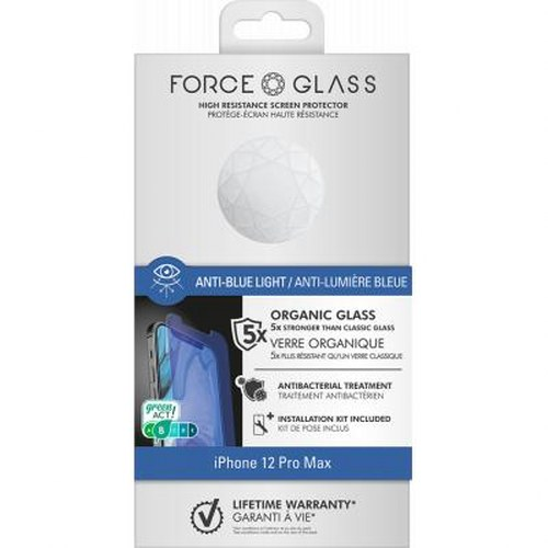 Confezione proteggi schermo iPhone 12 Pro Max; "Force Glass", "Anti-Blue Light"