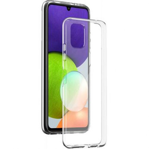 Una custodia trasparente per telefono giace accanto a uno smartphone.