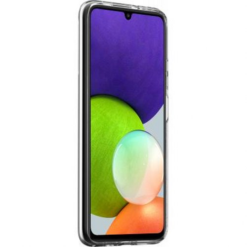 Una cover trasparente per smartphone su sfondo bianco con cerchi colorati.