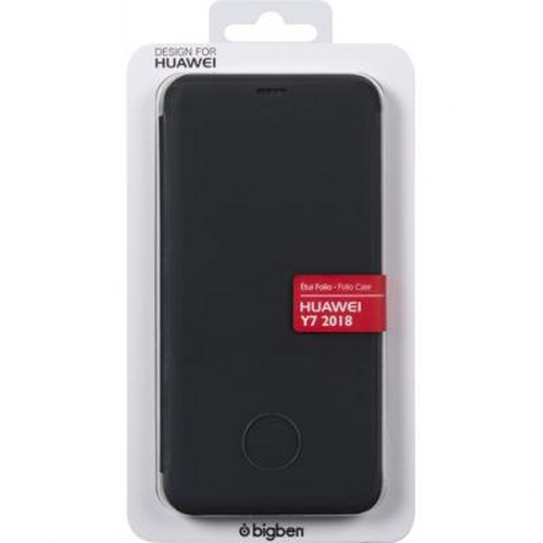 Custodia a libro nera Huawei Y7 2018 con etichetta rossa.
