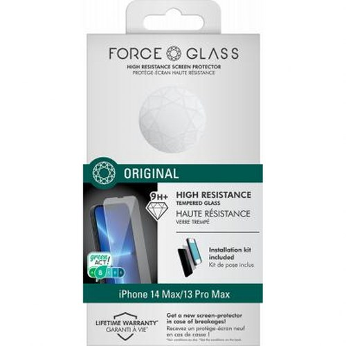 Packaging for an iPhone 14 Max/13 Pro Max tempered glass screen protector.