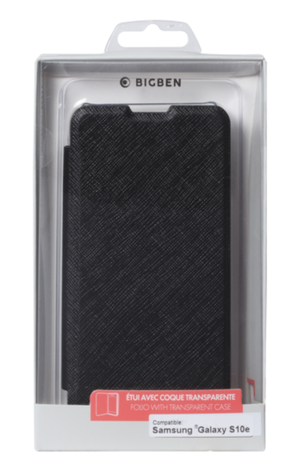 Custodia nera Bigben per Samsung Galaxy S10e in confezione.