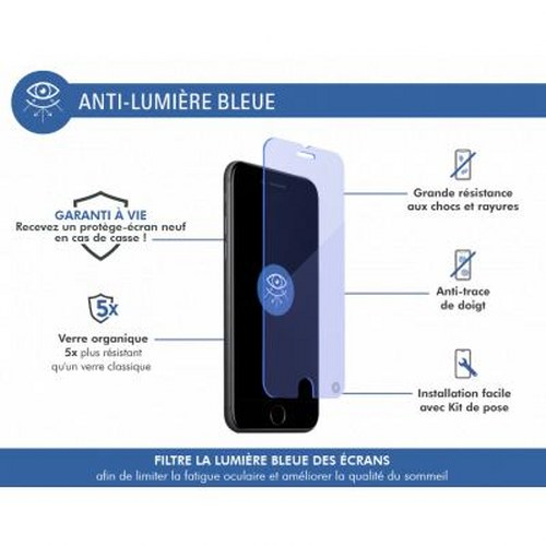 Immagine di una protezione schermo per telefono con testo sulla filtrazione della luce blu.