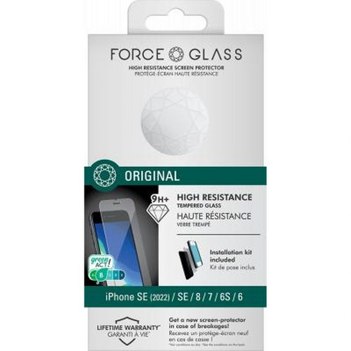 FORCE GLASS tempered glass screen protector packaging for iPhones.