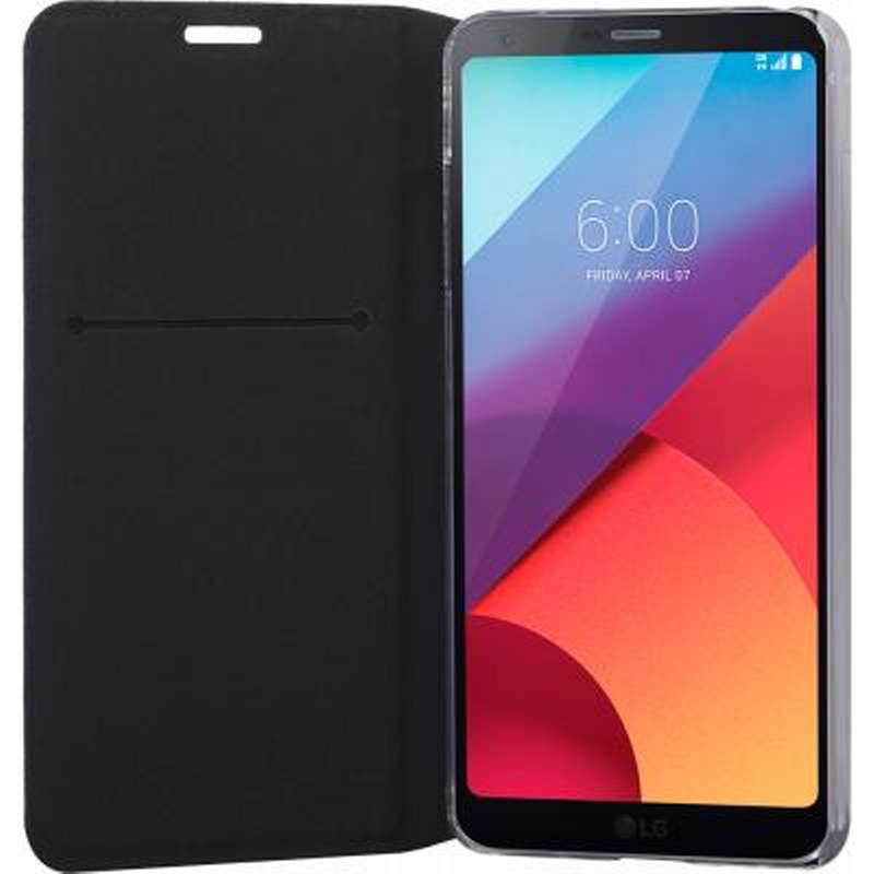 Custodia a libro nera aperta, rivela uno smartphone che mostra le 18:00, venerdì 7 aprile.