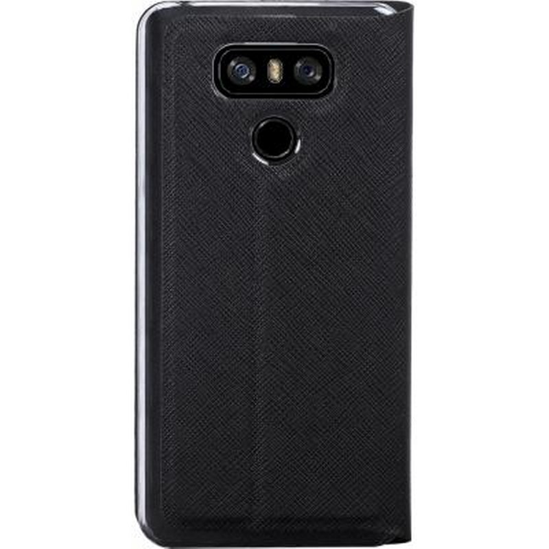 Telefono nero con doppia fotocamera posteriore e sensore di impronte.
