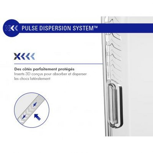 Custodia trasparente con sfondo bianco e testo blu. Mostra "Pulse Dispersion System".