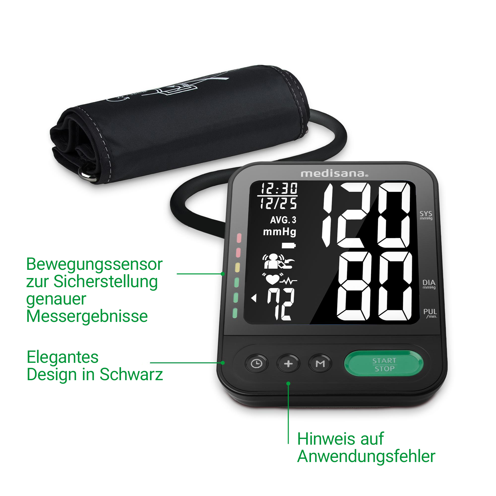Misuratore di pressione Medisana con bracciale. Display mostra 120/80 mmHg.
