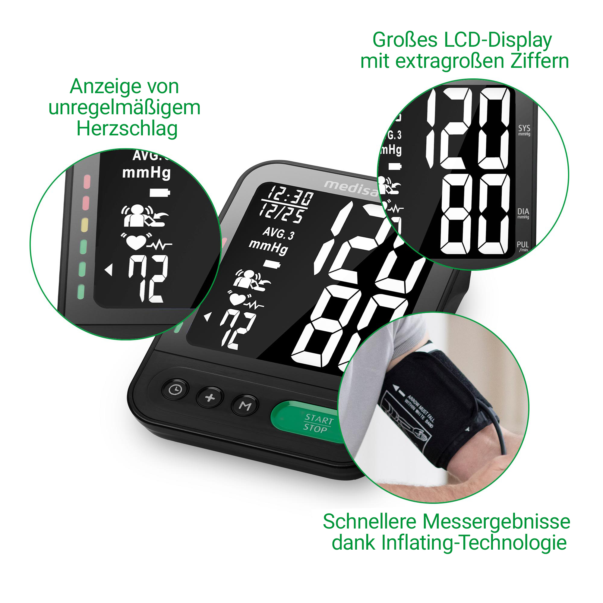 Misuratore di pressione con ampio display, mostra battito cardiaco e letture.