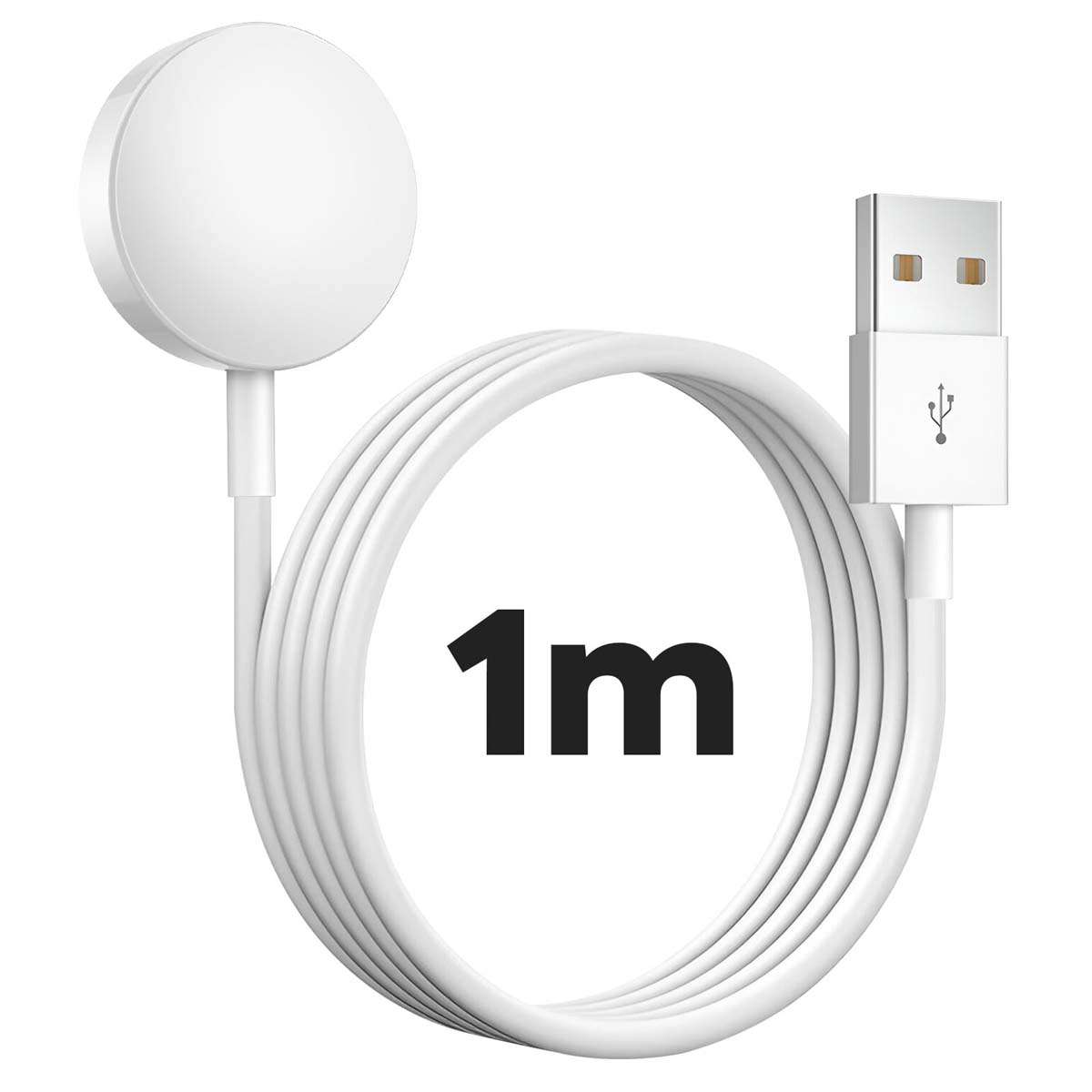 Ein weißes 1m Ladekabel mit USB-Anschluss und rundem magnetischem Ende.