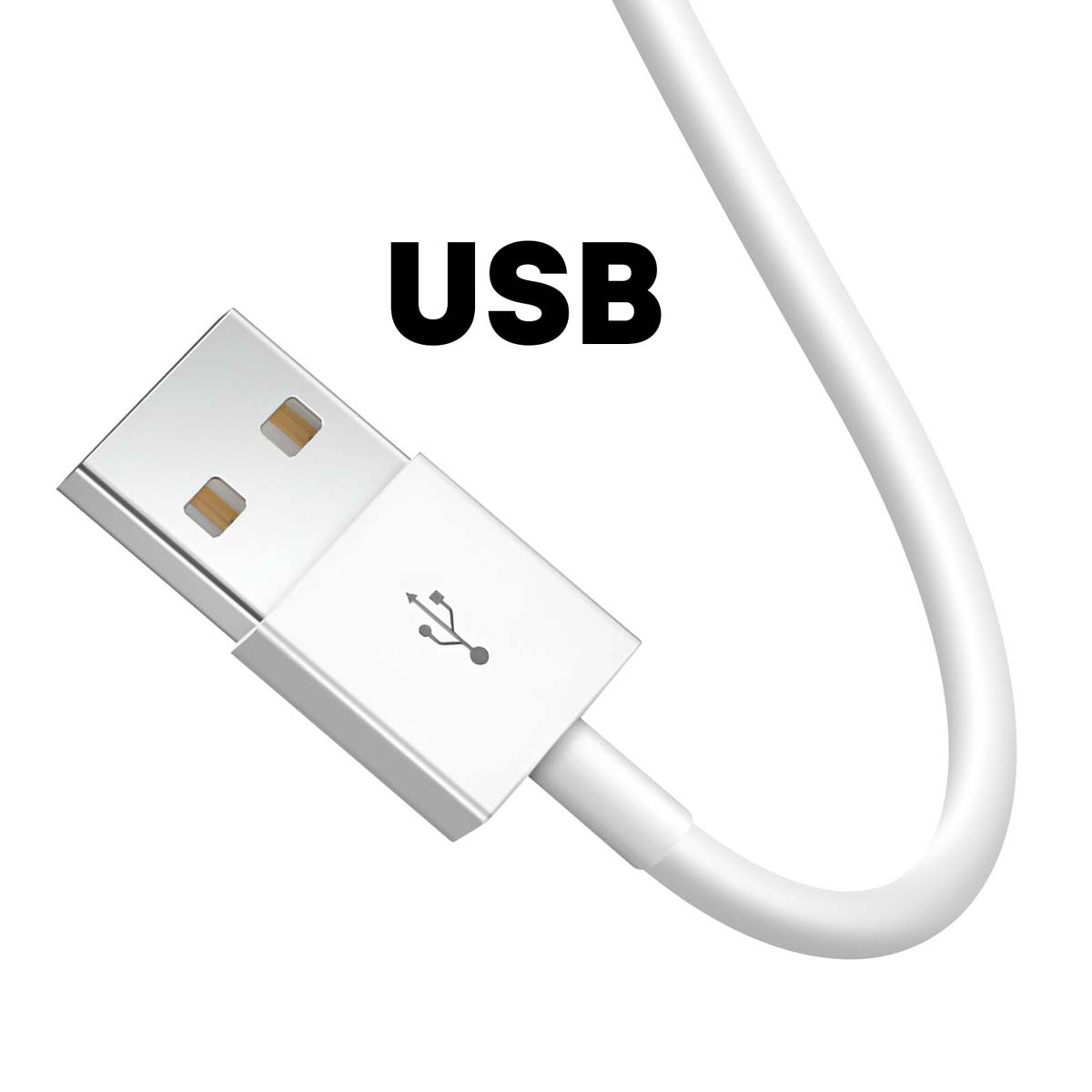 Ein weißes USB-Kabel mit einem silbernen Anschluss und dem USB-Symbol.