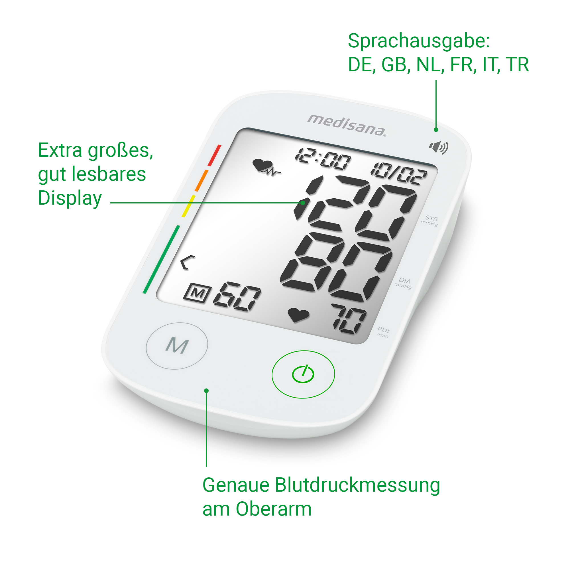 Ein weißes Oberarm-Blutdruckmessgerät mit großem Display, das Zahlen anzeigt.