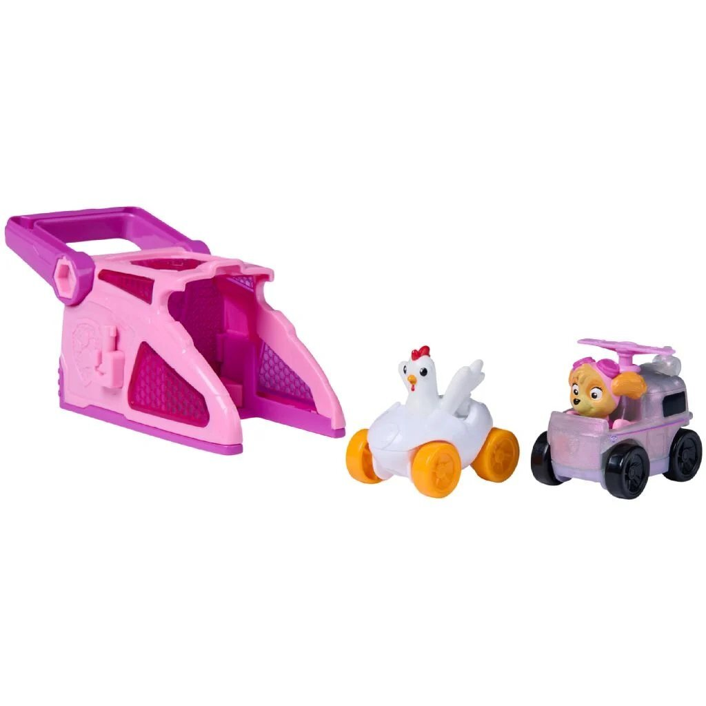 Portavehículos rosa, juguete de gallina blanco y vehículo rosa con Skye.