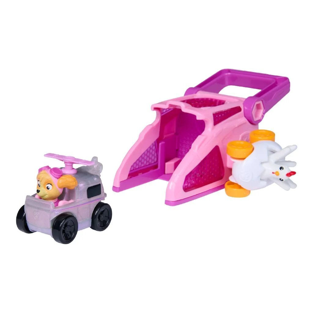 Un helicóptero de juguete rosa y morado con un perro y un vehículo de juguete blanco.