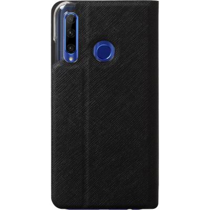 Custodia nera per telefono con tre fotocamere e sensore rotondo.