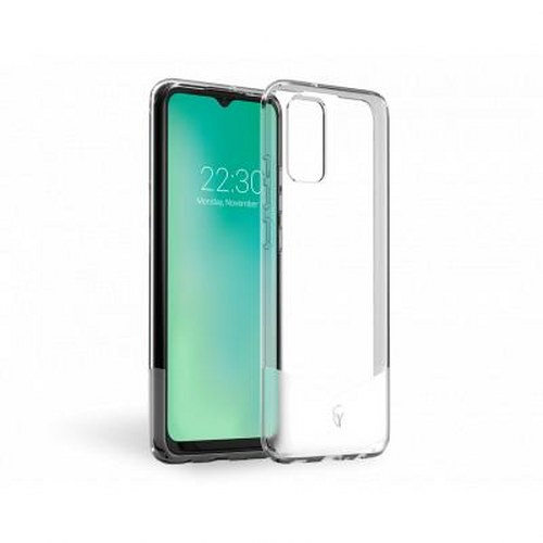 Uno smartphone con una custodia protettiva trasparente su sfondo bianco.