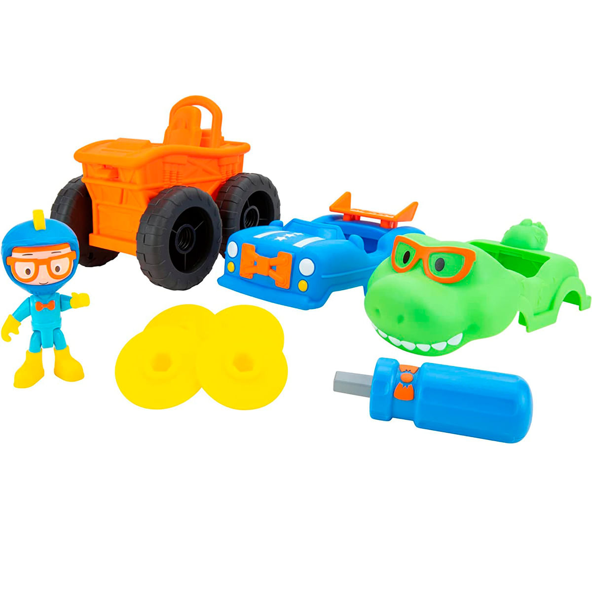 Set de juguetes con figura, dos coches, dinosaurio, círculos amarillos y destornillador.