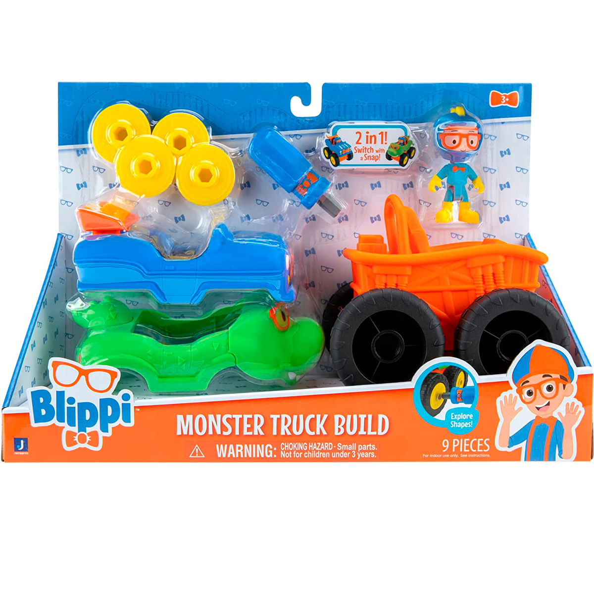 Set de juguetes Blippi Monster Truck Build con herramientas, figura y piezas.