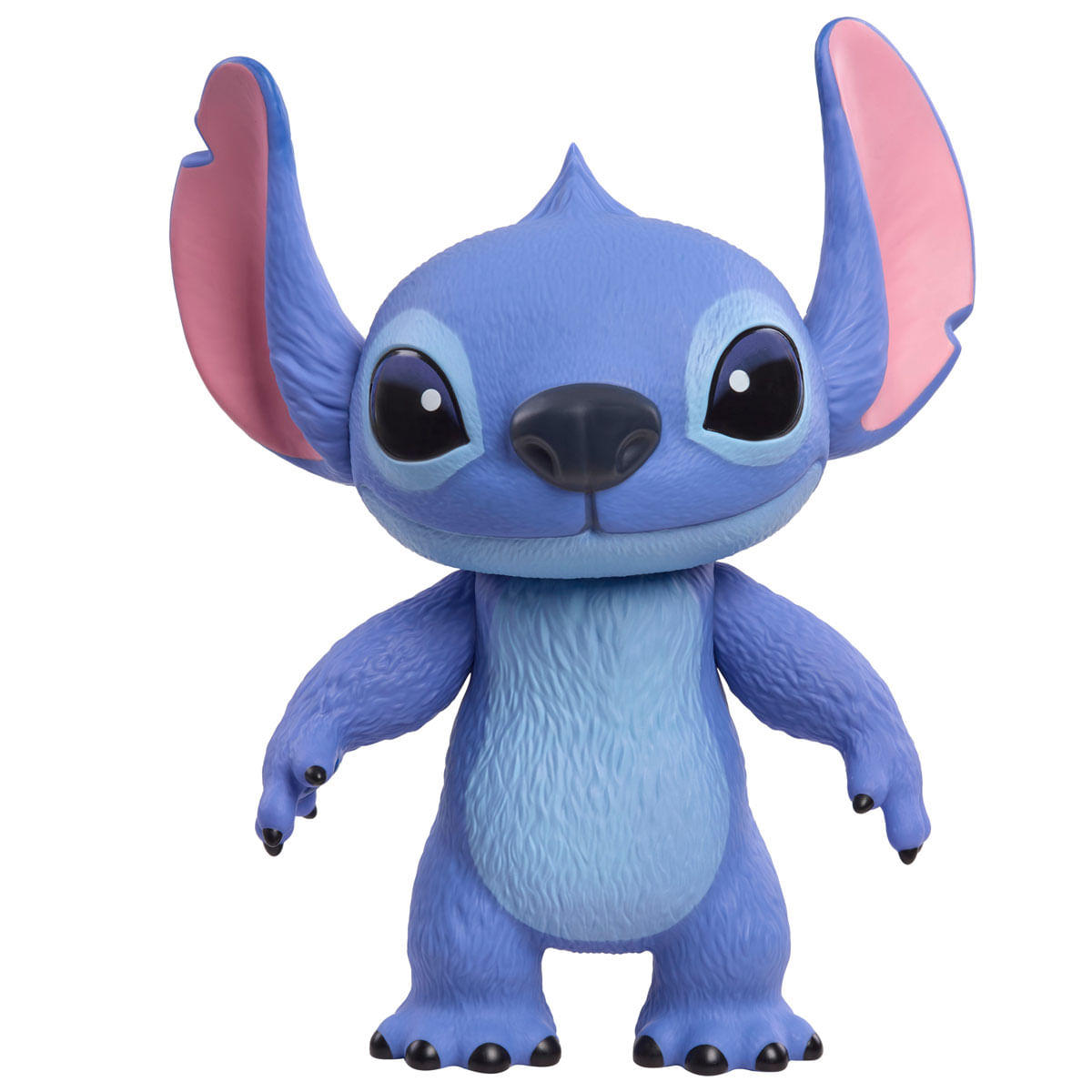 Una figura azul de Stitch con orejas grandes y ojos negros se alza.