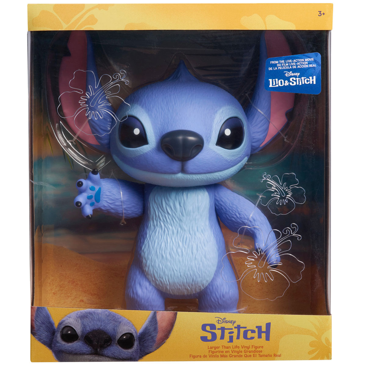 Una figura azul de Stitch en un paquete con motivos tropicales.