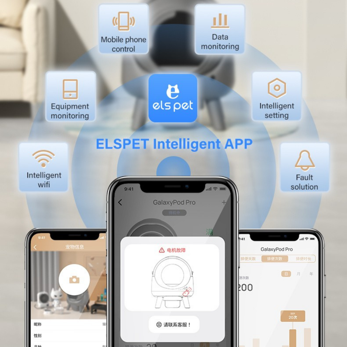 Vista general de la app con iconos para control, datos, wifi, ajustes y solución de fallos.