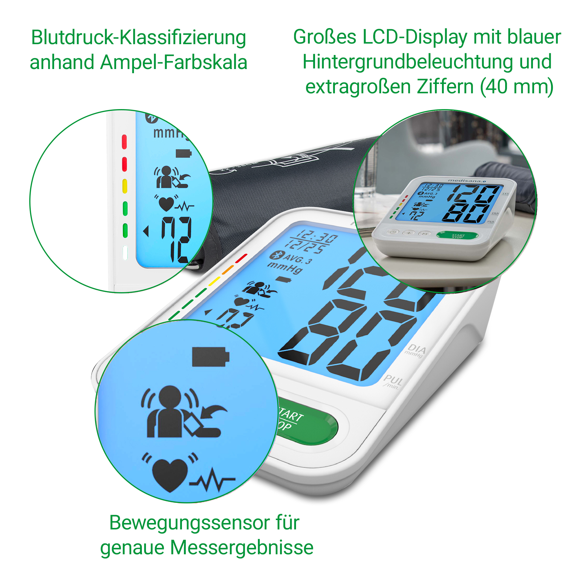 Misuratore di pressione con display LCD, scala a colori semaforo e sensore di movimento.