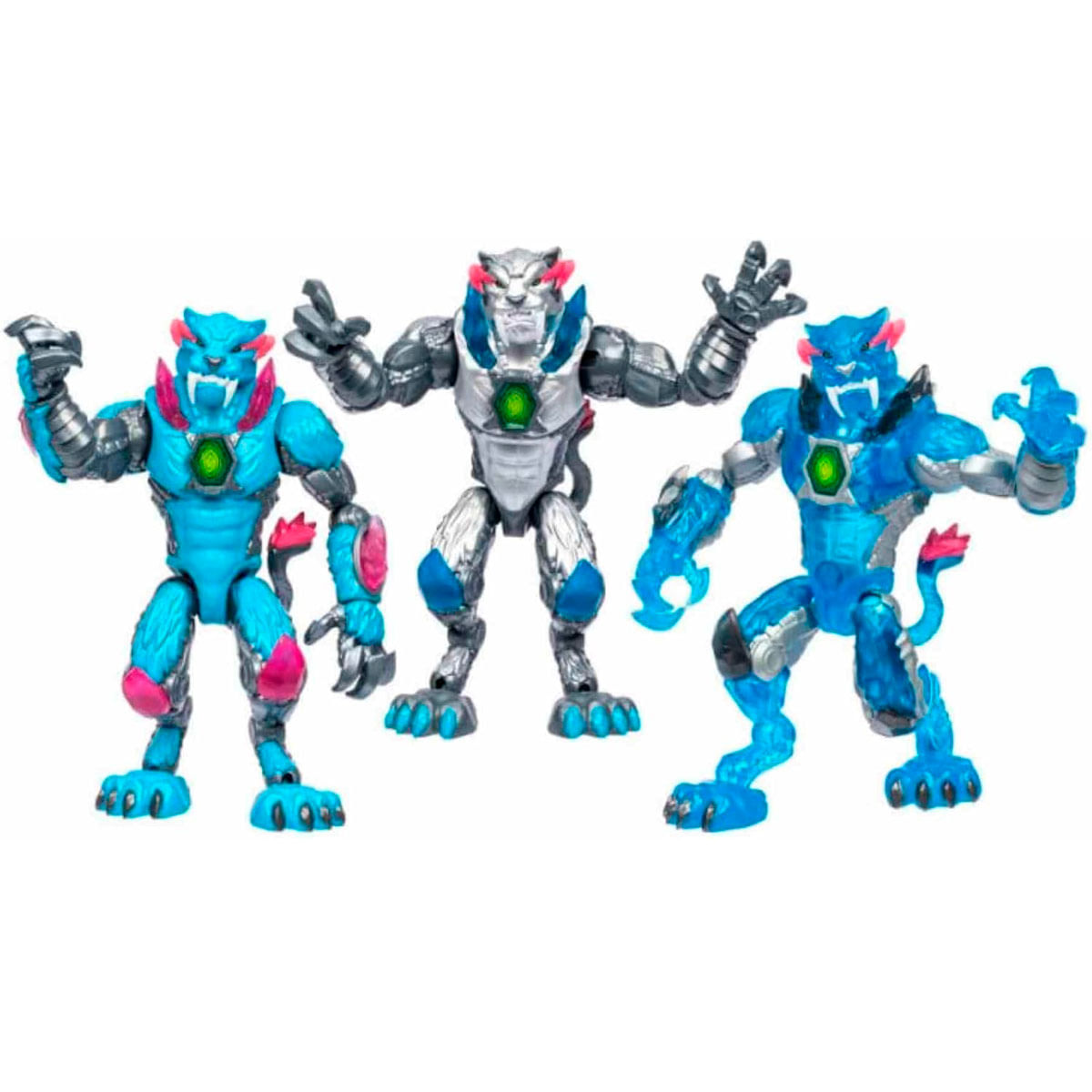 Tres figuras de acción de gatos antropomórficos en azul, plateado y azul translúcido con detalles rosas.