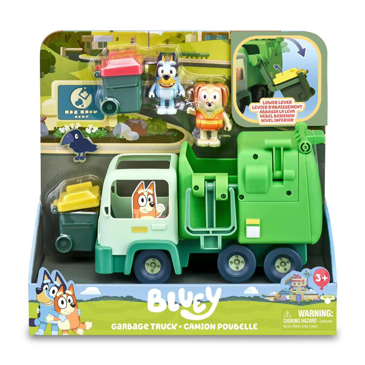 Set de camión de basura de Bluey con figuras, contenedores y mecanismo.