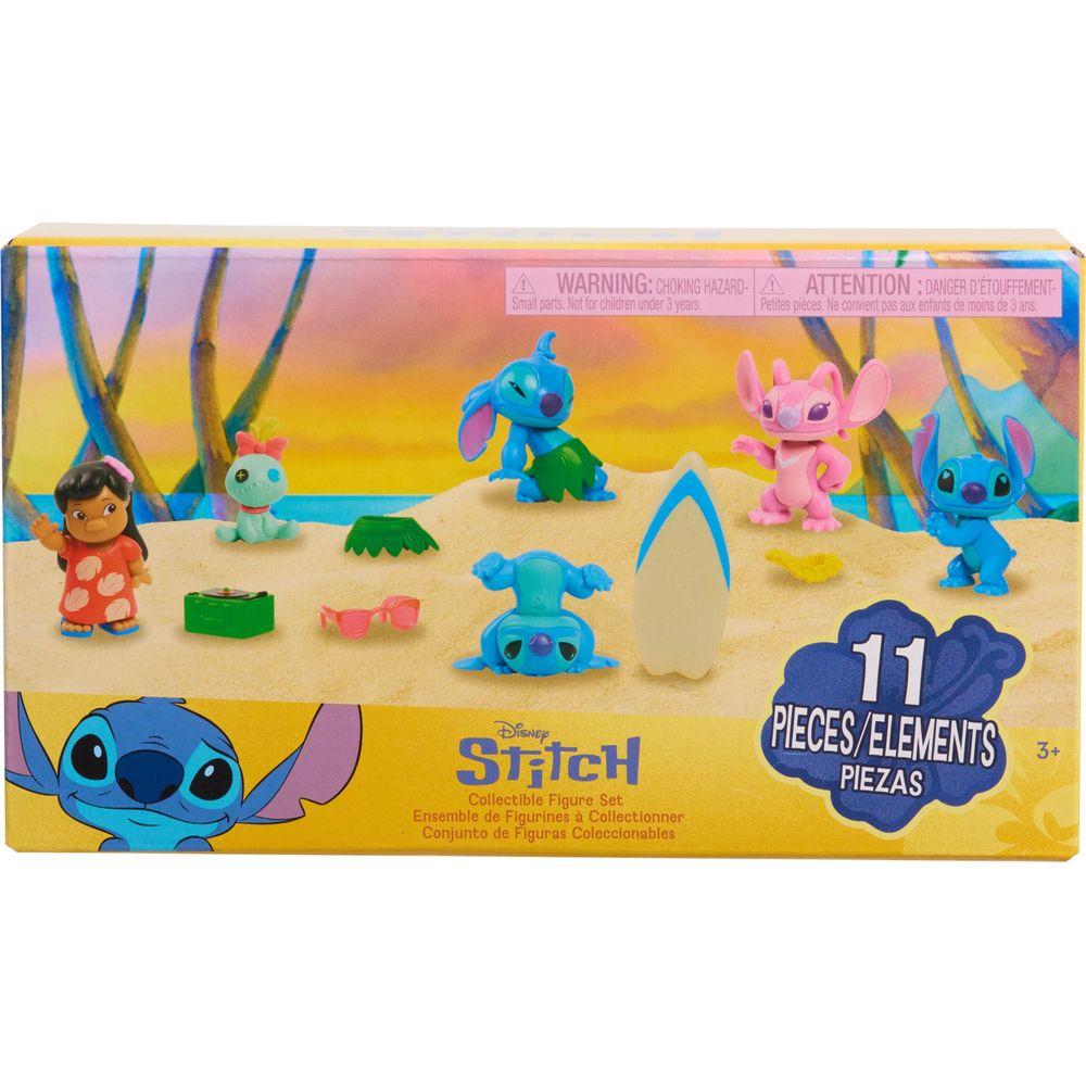 Set de figuras coleccionables de Disney Stitch en escena de playa con personajes de Lilo y Stitch.