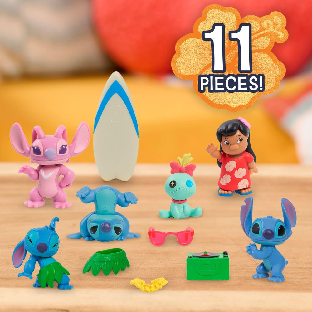 Figuras de Lilo & Stitch: Stitch, Angel, Scrump, tabla de surf, tocadiscos, gafas.