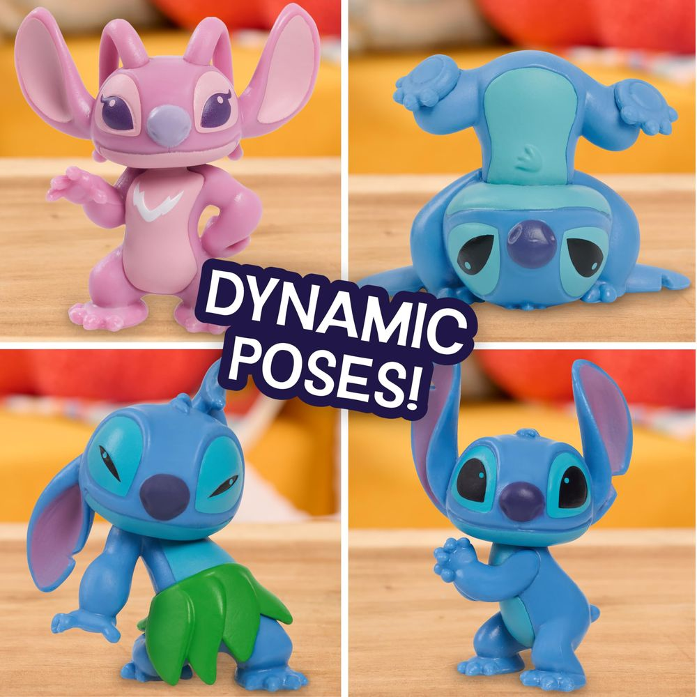 Cuatro figuras de Stitch en poses dinámicas sobre fondo colorido.