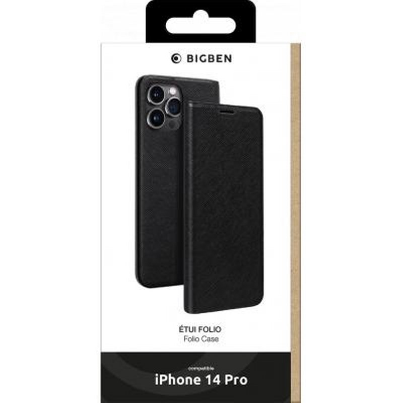 Custodia folio nera Bigben per iPhone 14 Pro, mostra telefono e custodia.