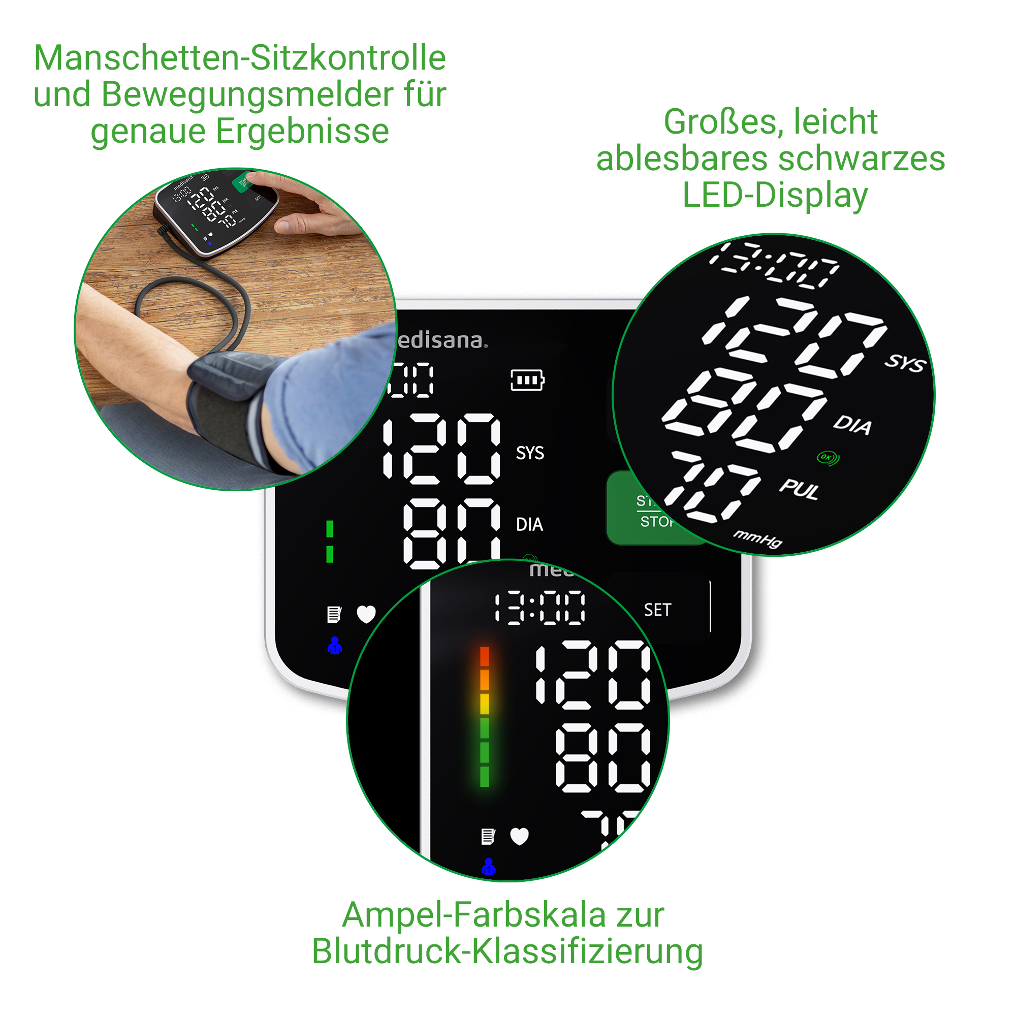 Bloeddrukmeter met manchet, groot display en stoplichtschaal.