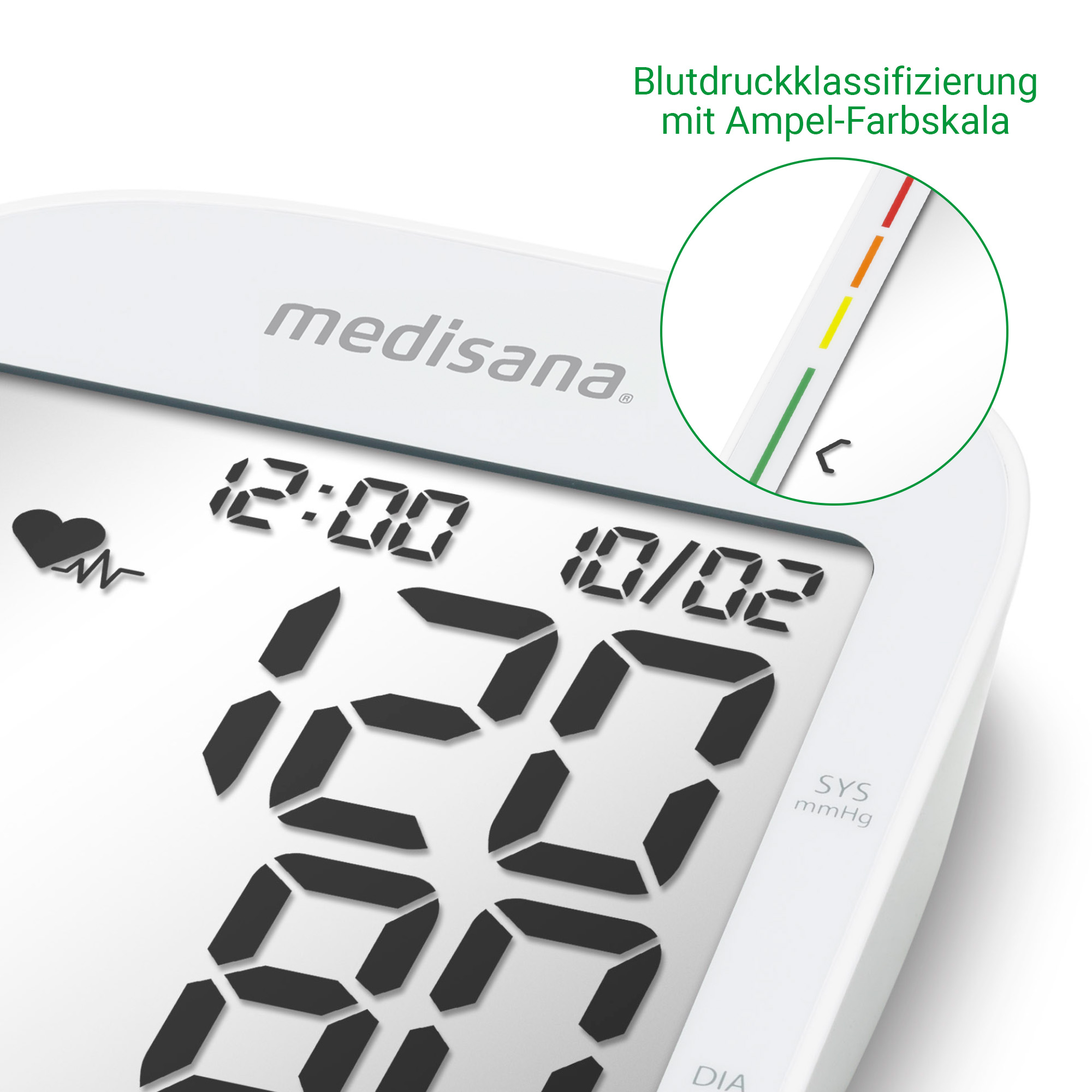 Medisana Blutdruckmessgerät mit großem Display, zeigt 12:00 und 10/02 an.