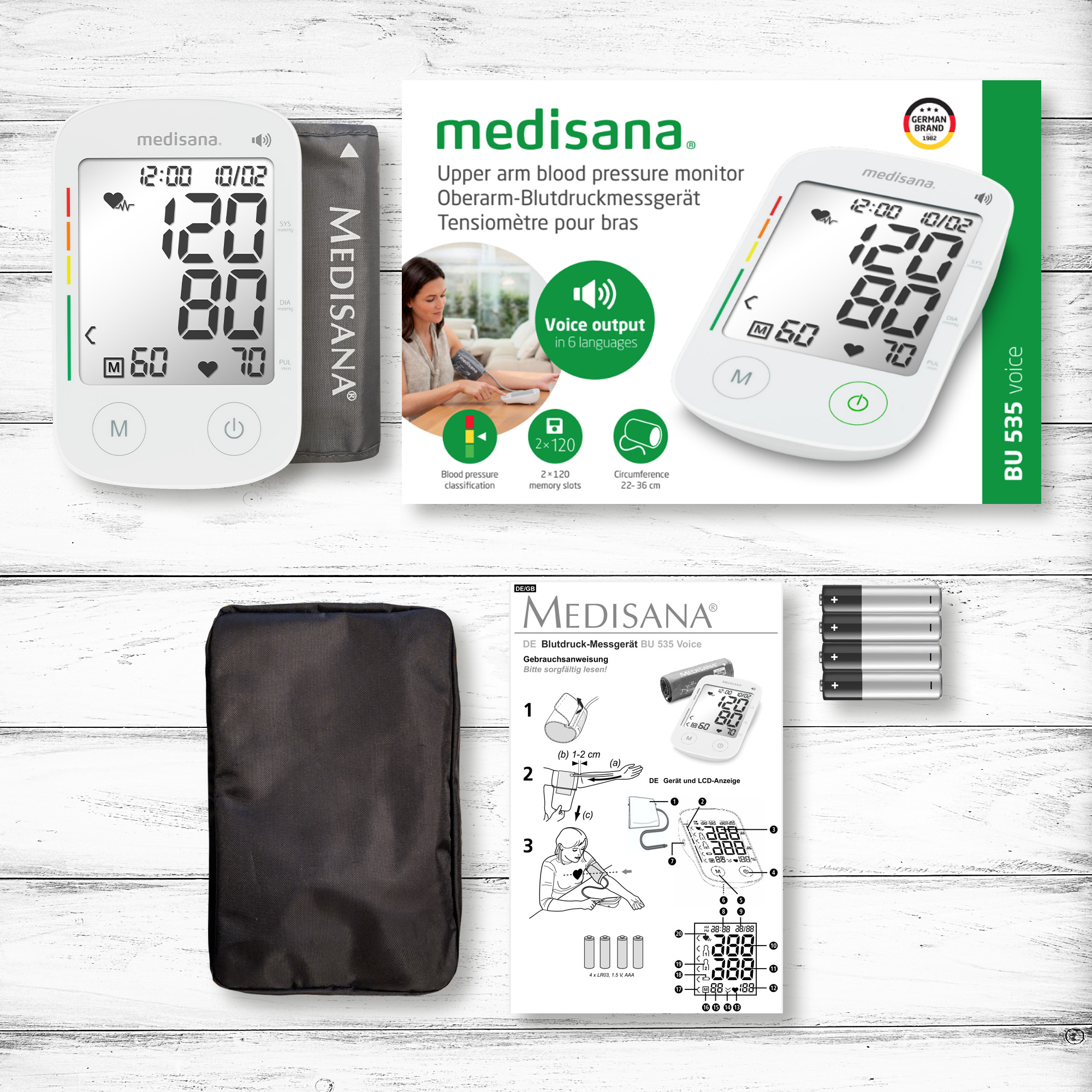 Medisana Blutdruckmessgerät mit Manschette, Anleitung und Batterien.