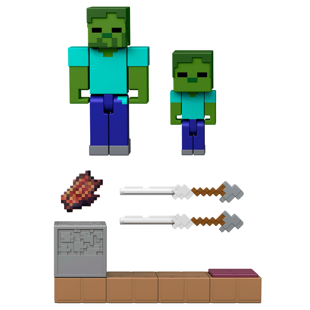 Dos zombis de Minecraft, un filete, dos espadas y bloques.