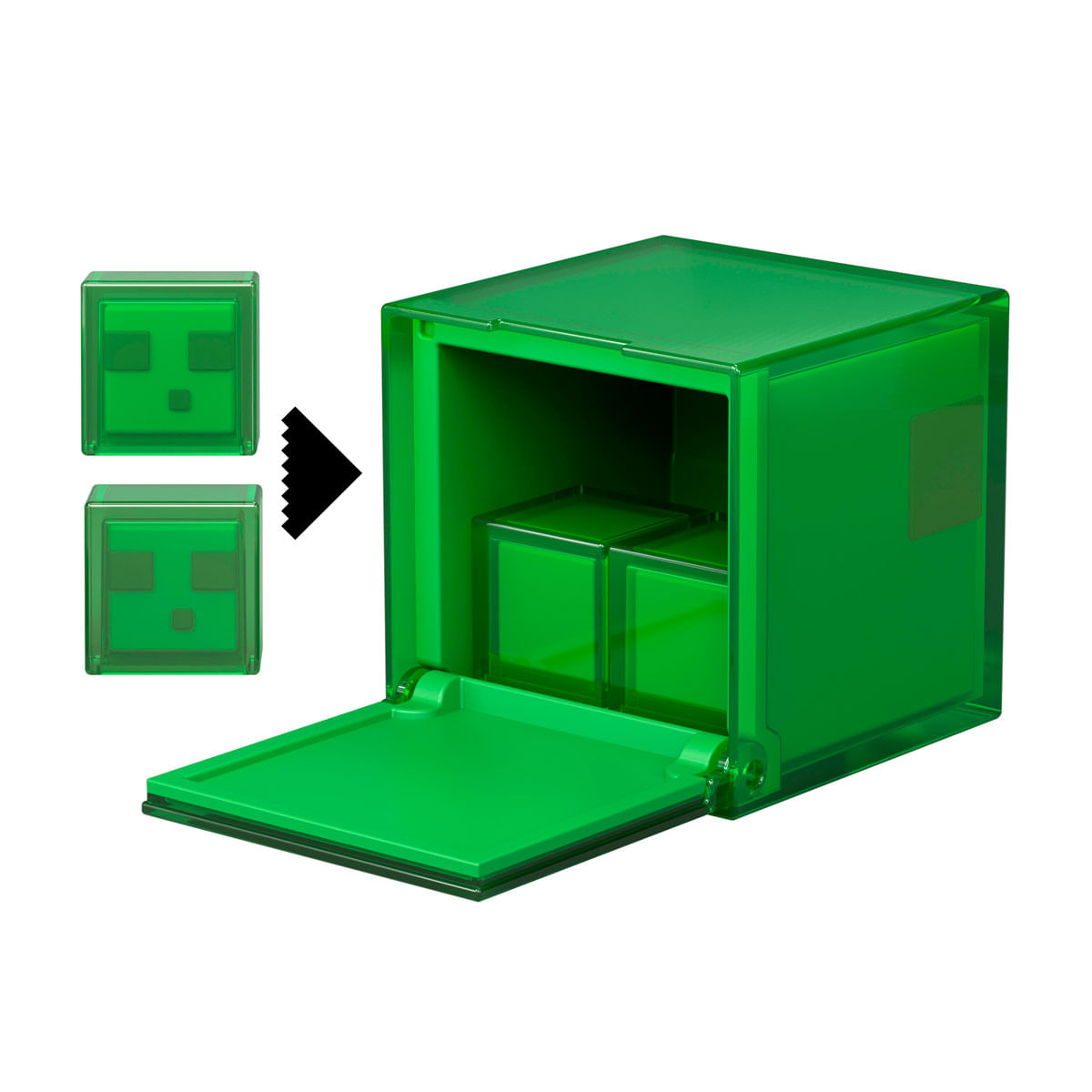 Juguete de cubo de bloque de limo verde de Minecraft con dos cubos pequeños dentro de una caja.