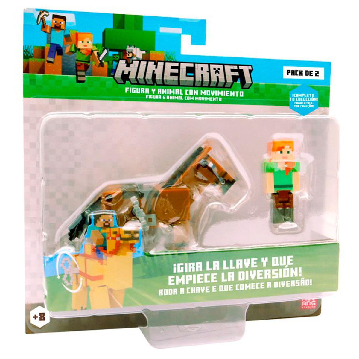 Set de juguetes de Minecraft con figuras de Steve y Alex montando un caballo marrón.