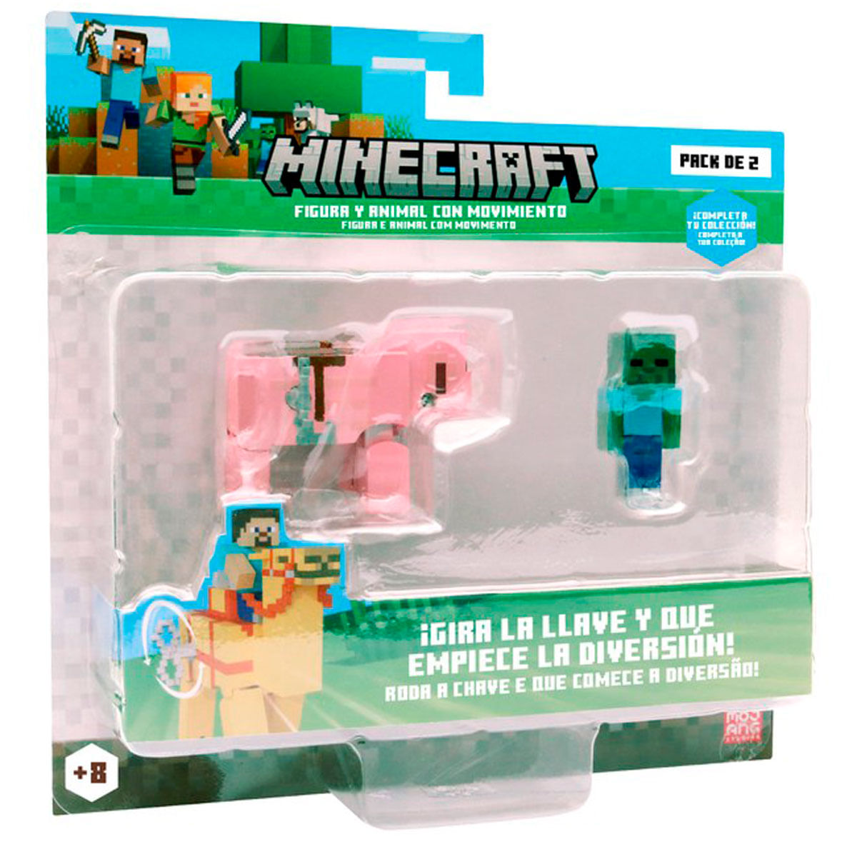 Juguetes de Minecraft: cerdo de bloque rosa, zombi azul y jinete en camello.