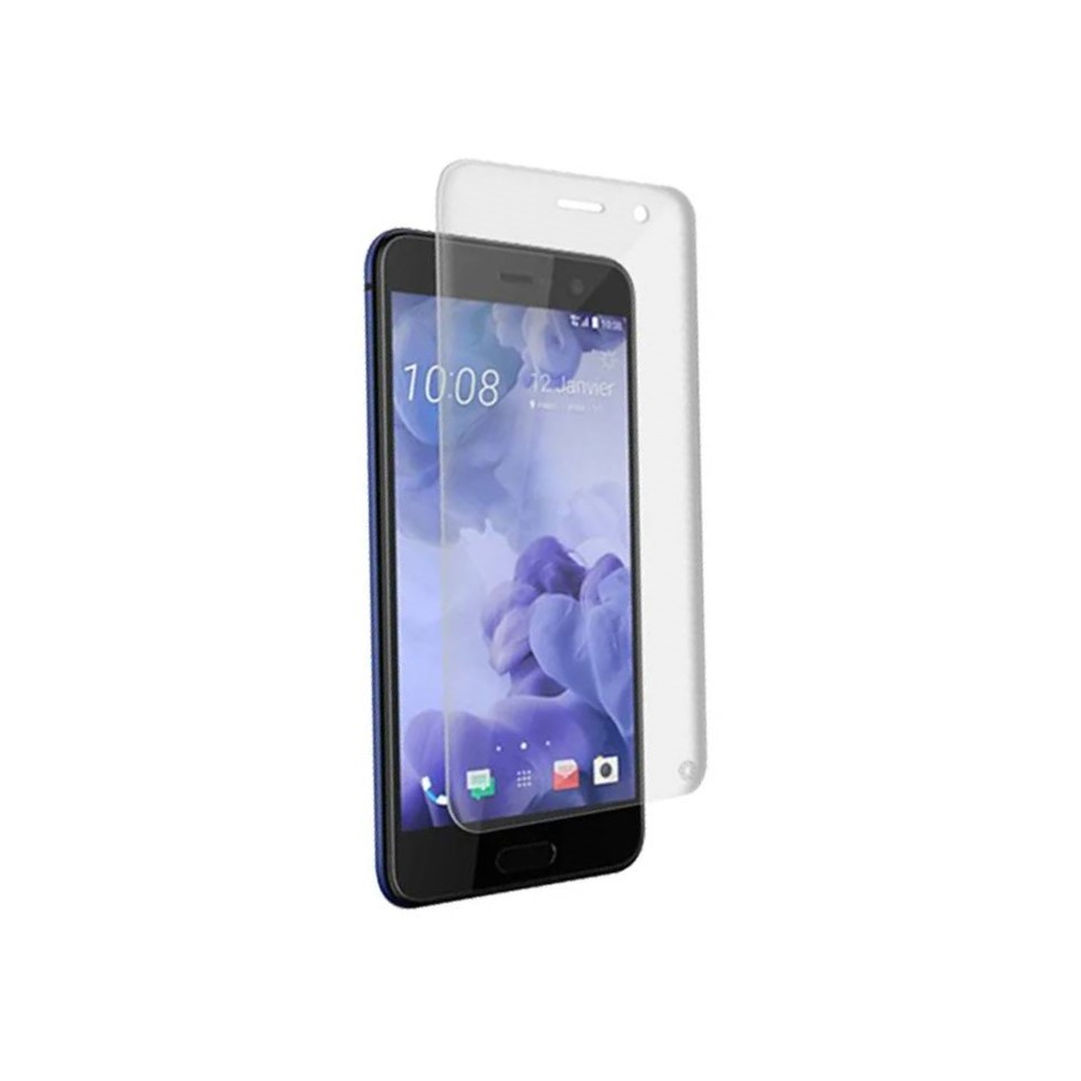 Schermo di smartphone blu con protezione schermo e cover trasparente.