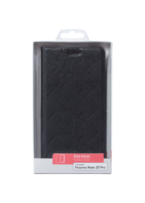 Custodia a libro nera per Huawei Mate 20 Pro, in confezione trasparente.