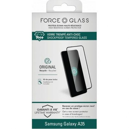 Confezione per protezione schermo Samsung Galaxy A35, con marchio FORCE GLASS.