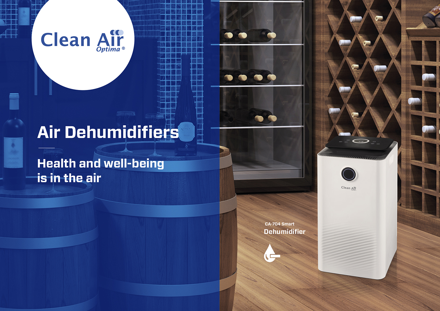 Weißer Clean Air Luftentfeuchter in einem Raum mit Weinfässern und Weinlagerung.