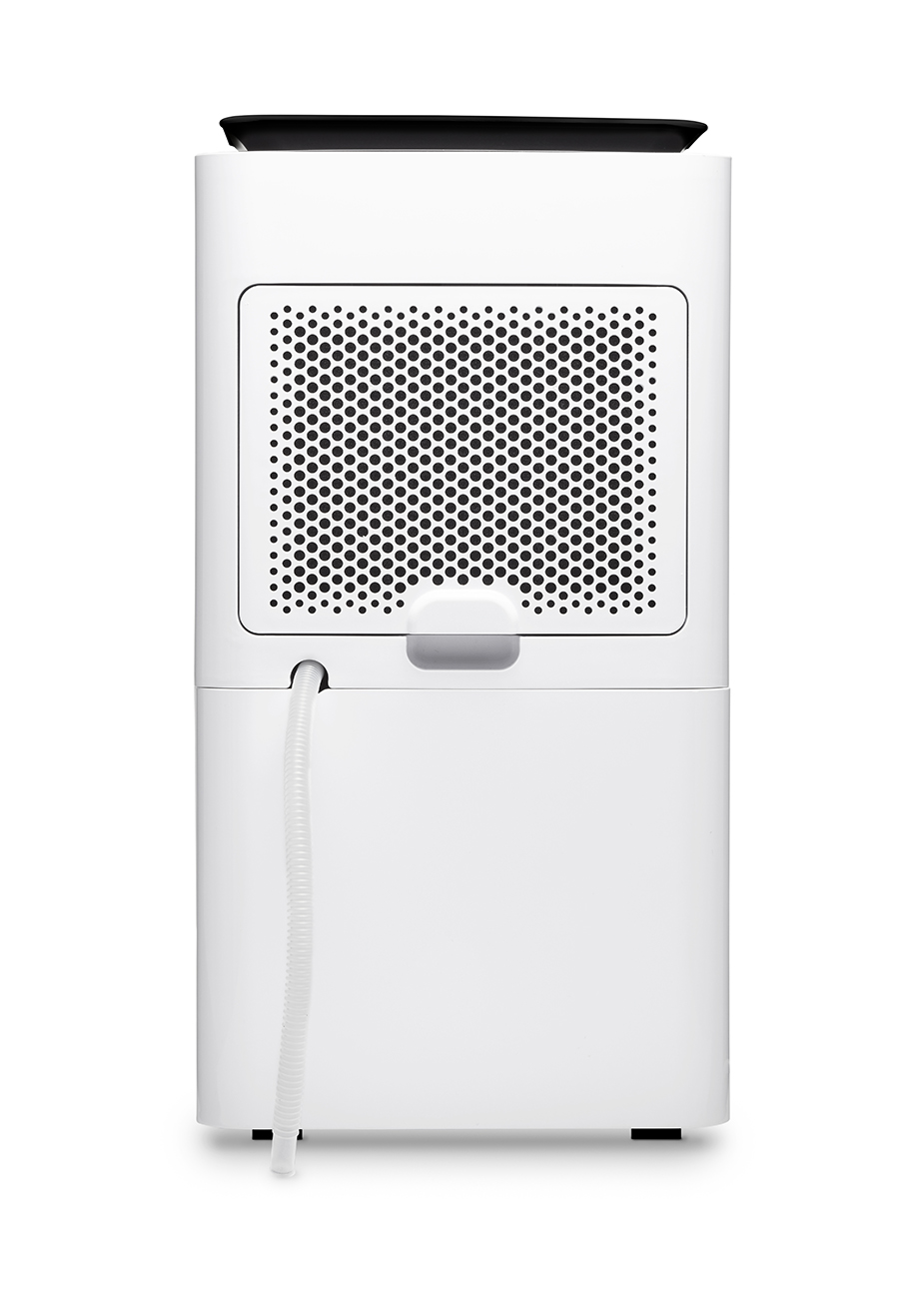 Deumidificatore bianco con parte superiore nera e pannello ventilato. Tubo di scarico.