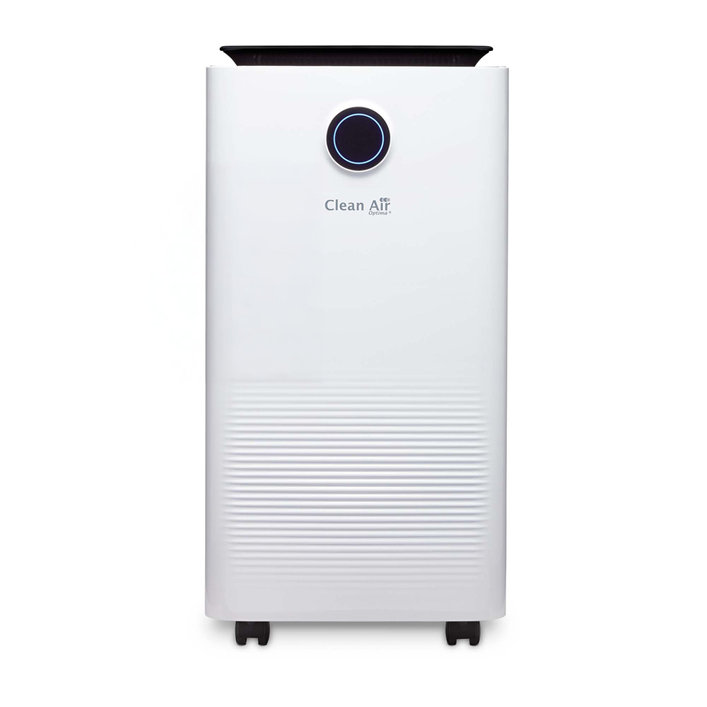 Un purificatore d'aria bianco con bordo superiore nero e un cerchio blu luminoso.