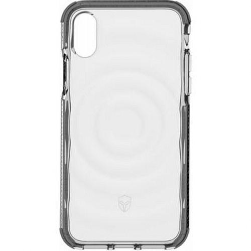 Custodia trasparente per telefono con cornice scura e texture circolare.