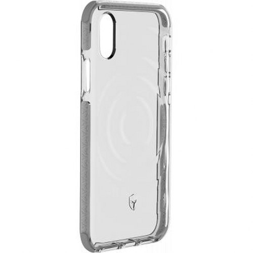 Custodia trasparente per telefono con bordo grigio, vista laterale.