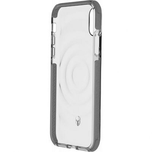 Custodia trasparente per telefono con bordo scuro e motivo circolare.