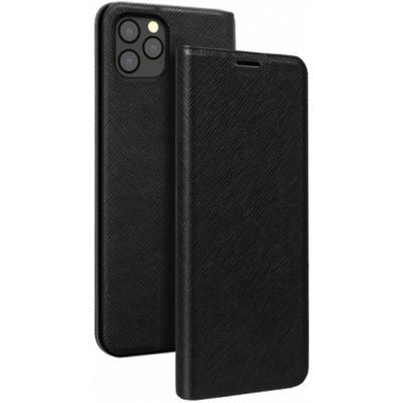 Telefono nero con custodia a flip accanto.
