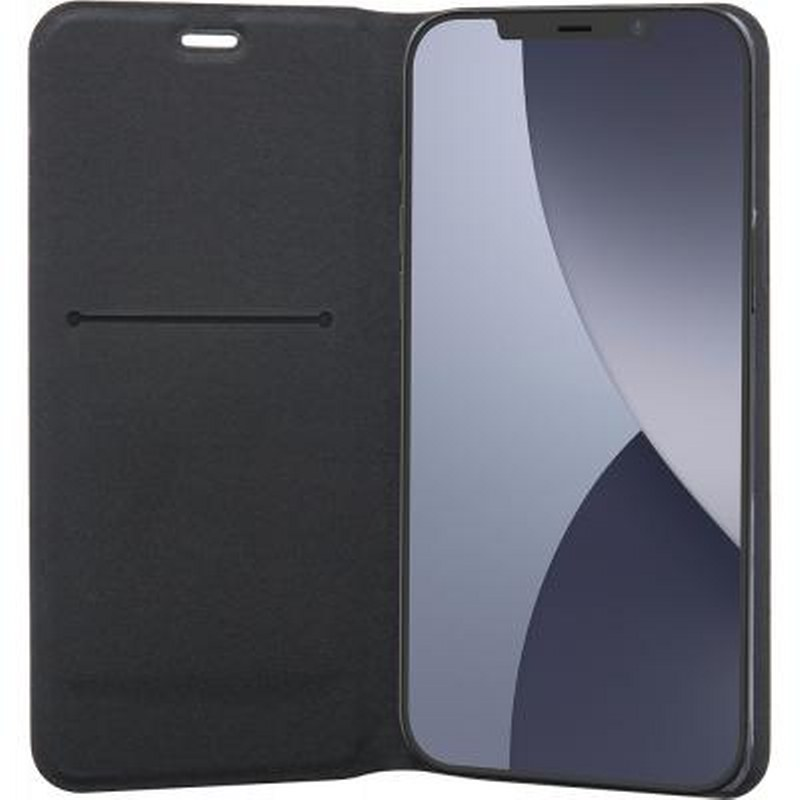 Smartphone nero con custodia a libro aperta, schermo mostra sfumature di grigio.